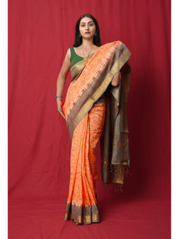 Unnati Silks - Orange Block Printed Soft Silk Saree with Unstitched Blouse with Unstitched