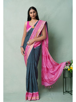 Unnati Silks - Green Block Printed Soft Silk Saree with Unstitched Blouse with Unstitched