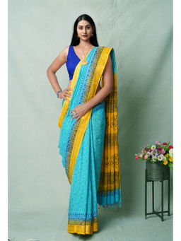 Unnati Silks - Blue Block Printed Soft Silk Saree with Unstitched Blouse with Unstitched