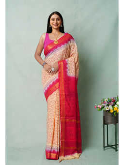 Unnati Silks - Cream Block Printed Soft Silk Saree with Unstitched Blouse with Unstitched