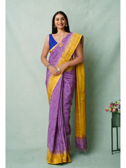 Unnati Silks - Purple Block Printed Soft Silk Saree with Unstitched Blouse with Unstitched