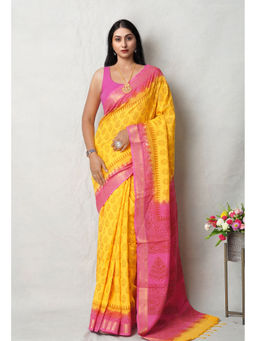 Unnati Silks - Yellow Block Printed Soft Silk Saree with Unstitched Blouse with Unstitched
