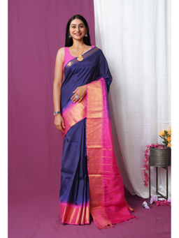 Unnati Silks - Navy Blue Zari Brocade Soft Silk Saree with Unstitched Blouse with Unstitched
