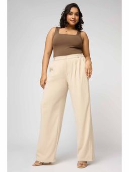 FREAKINS - Beige Curve Pleated Straight Korean Pant