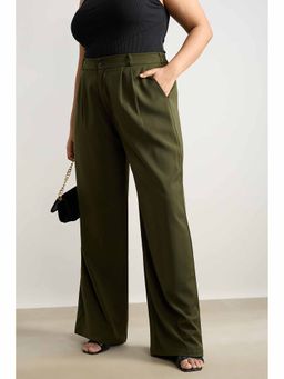 FREAKINS - Olive Pleated Straight Fit Curve Korean Pant