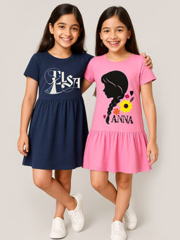 Kuchipoo - Girls Regular Fit Half Sleeves Multi-Color Knee Length Dress (Pack of 2)