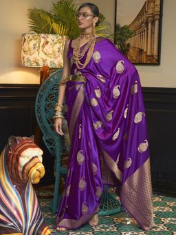 Akhilam - Womens Silk Blend Purple Woven Designer Saree with Unstitched Blouse
