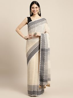 Sangam Prints - Cream Linen Woven Work Traditional Tassle Saree with Unstitched Blouse