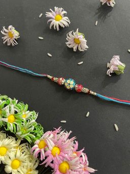 Digital Dress Room - Fancy Designer Rakhi Meenakari Blue Kundan Crystal Beads Thread Rakhi for Brother