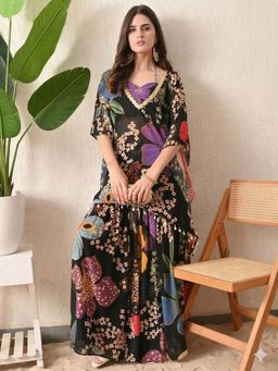 Label Kanupriya - Black Floral Crop Top with Kaftan and Sharara (Set of 3)