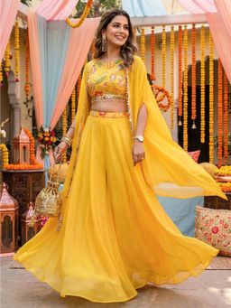 Label Kanupriya - Yellow Embroidered Crop Top with Sharara and Cape