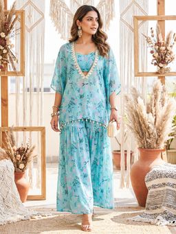Label Kanupriya - Turquoise Floral Crop Top with Kaftan with Sharara