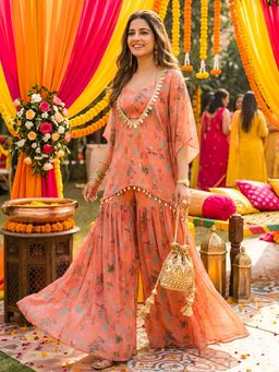 Label Kanupriya - Orange Floral Crop Top with Kaftan with Sharara