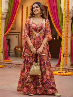 Label Kanupriya - Purple Floral Crop Top with Kaftan with Sharara