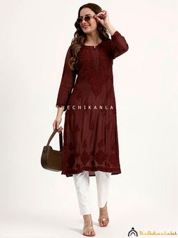 The Chikan Label - Oishi Muslin Chikankari Straight Kurta - Choco