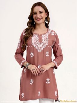 The Chikan Label - Ragavi Rayon Chikankari Kurti - Coral
