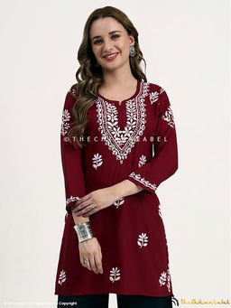 The Chikan Label - Ragavi Rayon Chikankari Kurti - Maroon