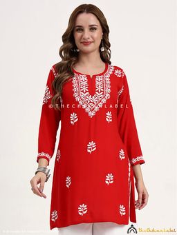 The Chikan Label - Ragavi Rayon Chikankari Kurti - Red