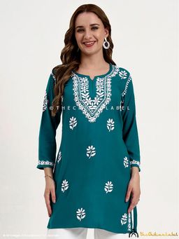 The Chikan Label - Ragavi Rayon Chikankari Kurti - Teal Green