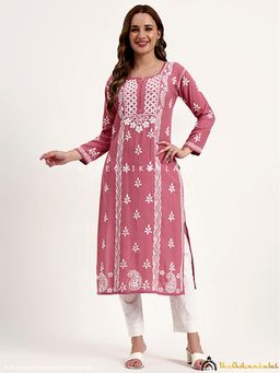 The Chikan Label - Anra Rayon Chikankari Straight Kurta - Coral