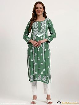 The Chikan Label - Anra Rayon Chikankari Straight Kurta - Green