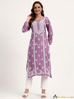 The Chikan Label - Anra Rayon Chikankari Straight Kurta - Lavender