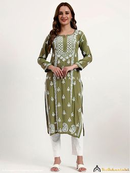 The Chikan Label - Anra Rayon Chikankari Straight Kurta - Mehndi Green