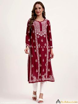 The Chikan Label - Anra Rayon Chikankari Straight Kurta - Maroon