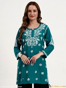 The Chikan Label - Swara Modal Chikankari Kurti - Teal Blue