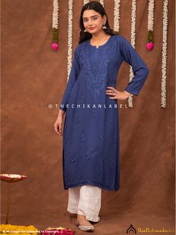 The Chikan Label - Fatima Rayon Chikankari Straight Kurta - Blue