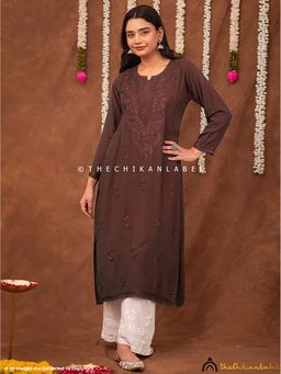 The Chikan Label - Fatima Rayon Chikankari Straight Kurta - Brown