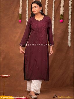 The Chikan Label - Fatima Rayon Chikankari Straight Kurta - Maroon