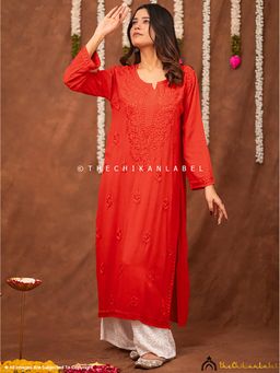 The Chikan Label - Fatima Rayon Chikankari Straight Kurta - Red