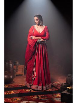 Taraasi - Laal Paaro Red Mulmul Cotton Kalidar Ghaghara Skirt
