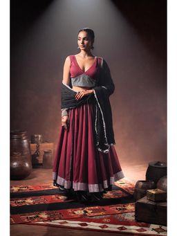 Taraasi - Man Mohini Maroon Double Layered Mulmul Cotton Kalidar Ghaghara Skirt