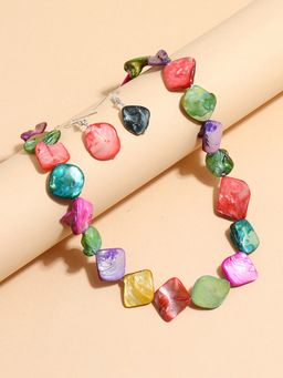 Yellow Chimes - Women Silver Toned and Red Beads Beaded Choker Jewellery Set