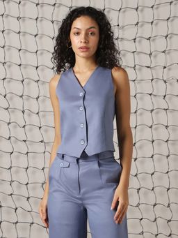 Hubberholme - Women Blue Solid Sleeveless Waistcoat