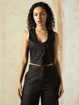 High Star - Women Black Solid Crop Length Waistcoat
