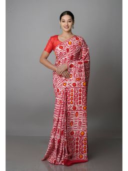 Unnati Silks - Red White Pure Batik Kota Cotton Saree with Unstitched Blouse