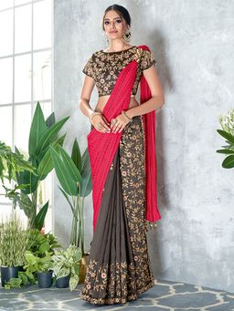 Odette - Grey Silk Georgette Crush Silk Designer Saree with Unstitched Blouse