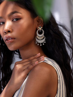 Indya - Dual Tone Blue Multi Layered Textured Dangler Earrings