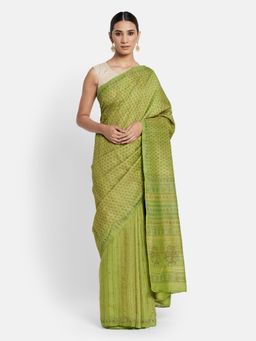 Fabindia - Green Silk Hand Block Printed Saree without Blouse