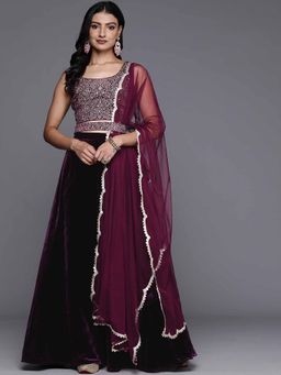Libas - Wine Embroidered Blouse with Lehenga, Belt and Dupatta (Set of 4)