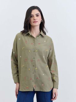 Styli - Women Casual Olive Green Regular Fit Embroidery Shirt