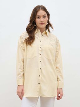 Styli - Women Drop Shoulder Thick Tonal Embroidery Oversized Shirt