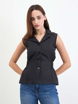 Styli - Women Solid Notch Lapel Shirt with Elasticated Waist Coat