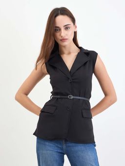 Styli - Women Solid Regular Fit Longline Waistcoat Top with Belt