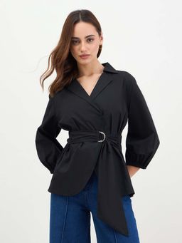 Styli - Women Regular Fit Wrap with Belt Detail In Cotton Poplin Fabric Shirt