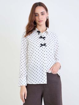 Styli - Women Regular Fit Bow Detail In Polka Dot Fabric Shirt