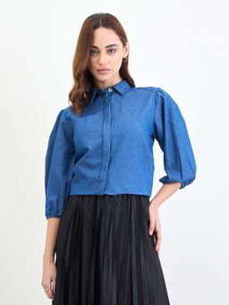 Styli - Women Relaxed Fit Balloon Sleeves Denim Shirt